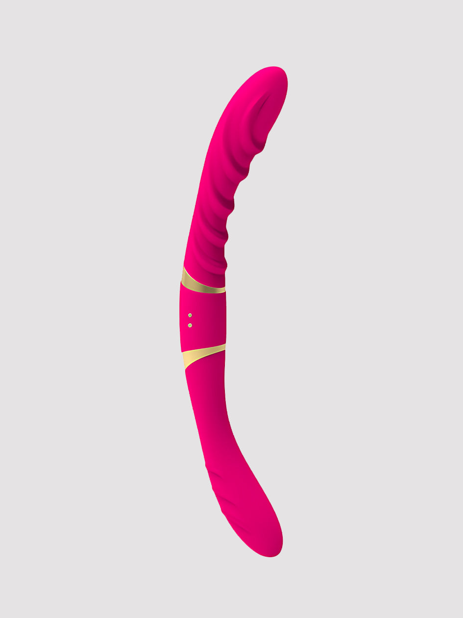 Ergonomic double-ended silicone vibrator for comfortable couples and lesbian play.