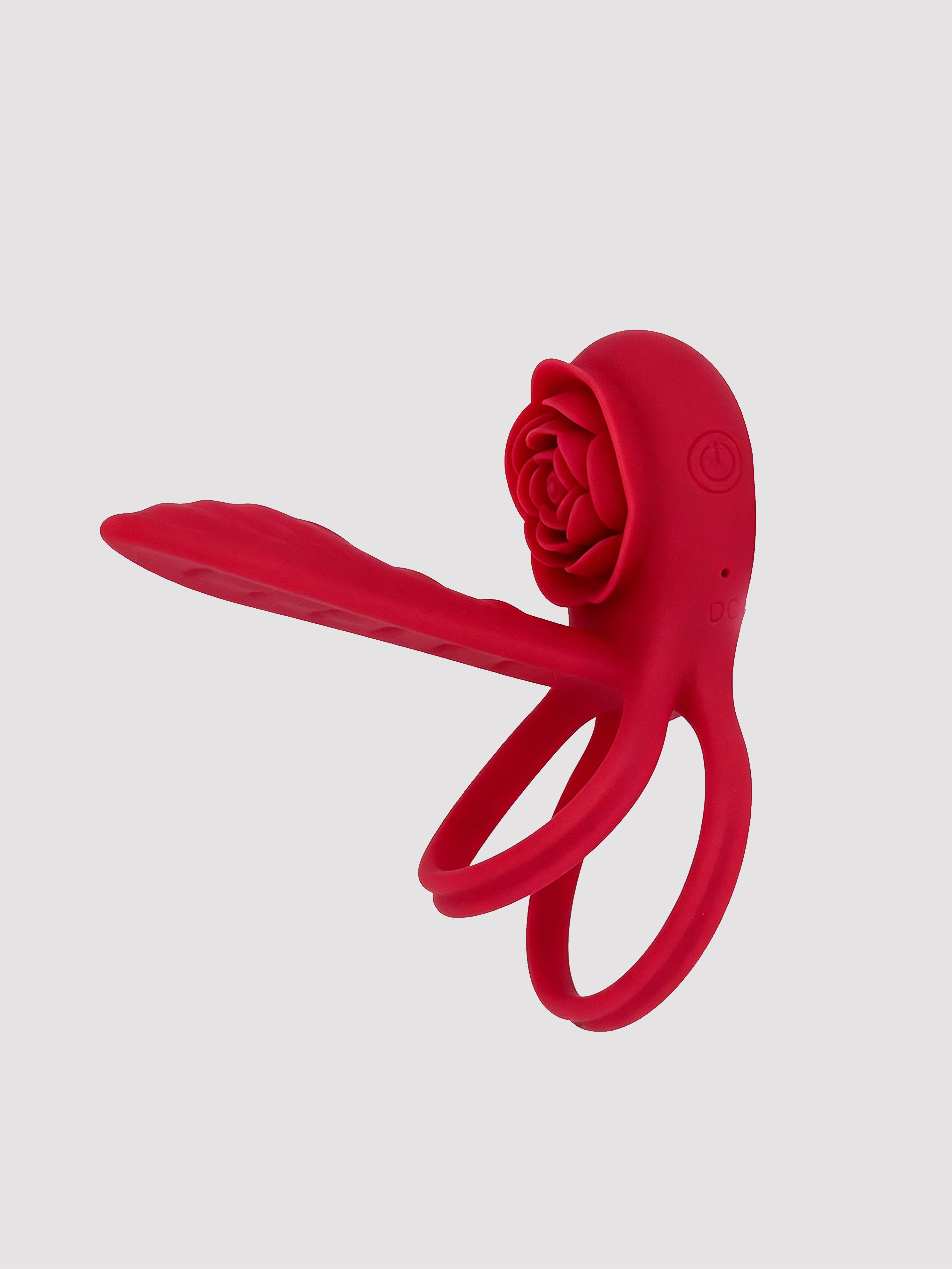 Stretchy app-controlled vibrating rose ring for couples shared pleasure and stamina.